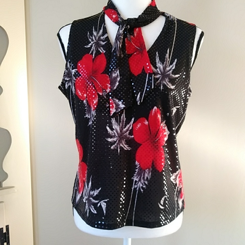 Jaipur Floral Tropical Bling Top with Tie Closure M Red Black